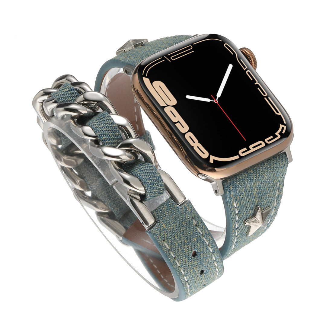 Apple Watch Band Denim Double-Ring Leather XINGX Rivet Strap