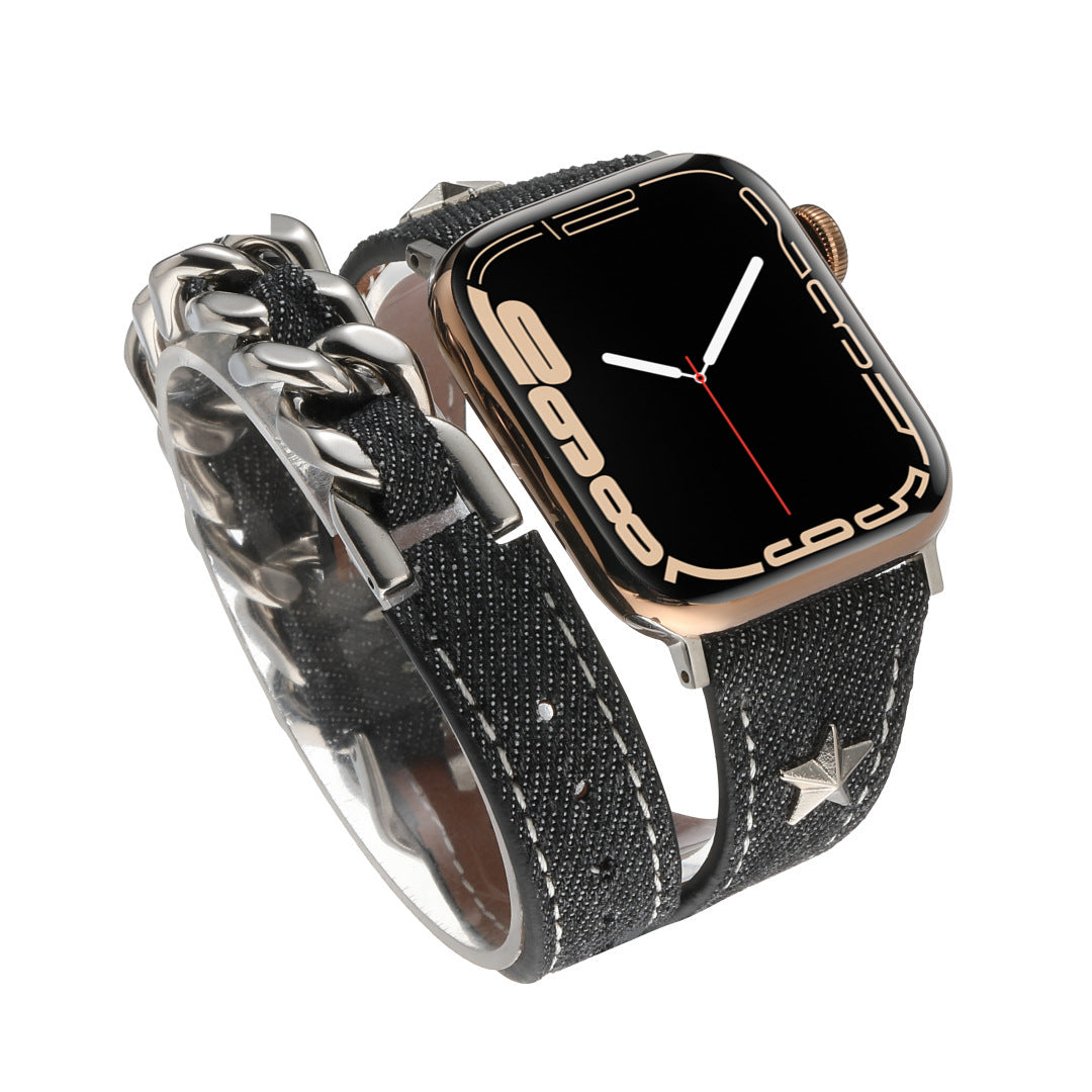 Apple Watch Band Denim Double-Ring Leather XINGX Rivet Strap