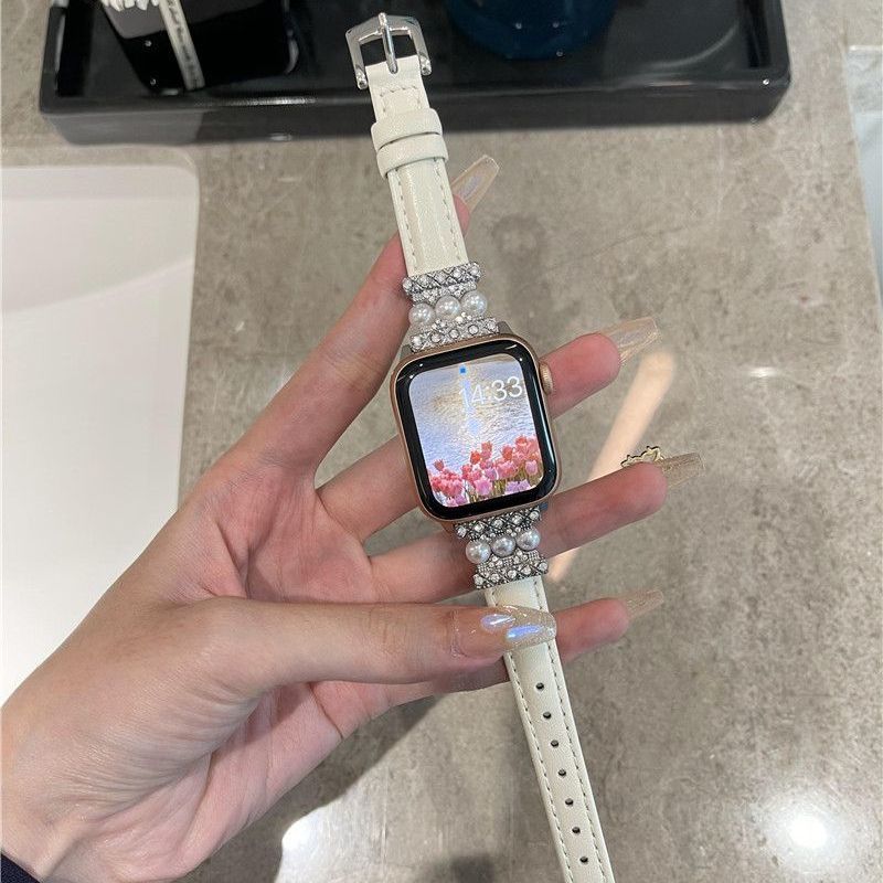 Apple watch band light luxury Pearl leather strap