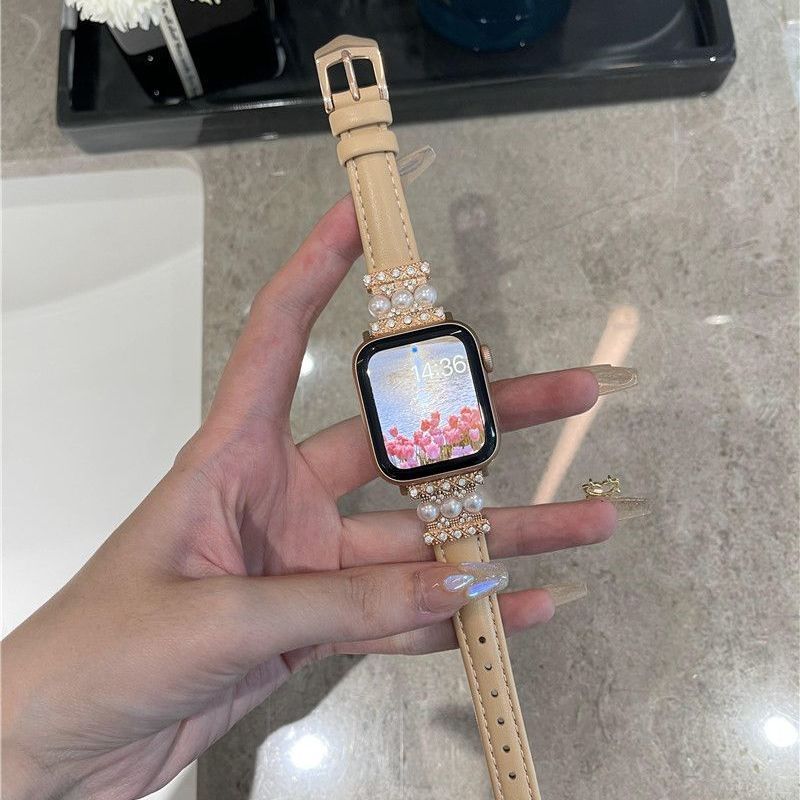 Apple watch band light luxury Pearl leather strap