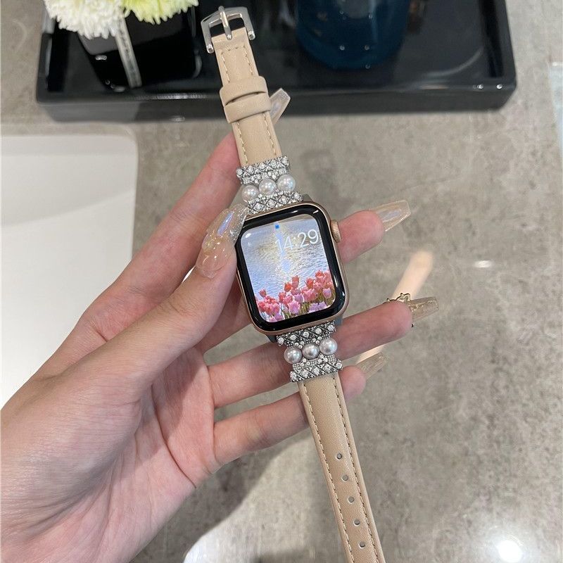 Apple watch band light luxury Pearl leather strap