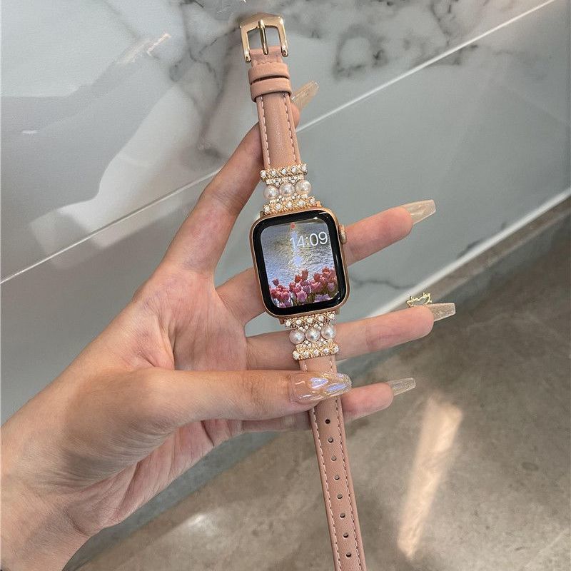 Apple watch band light luxury Pearl leather strap