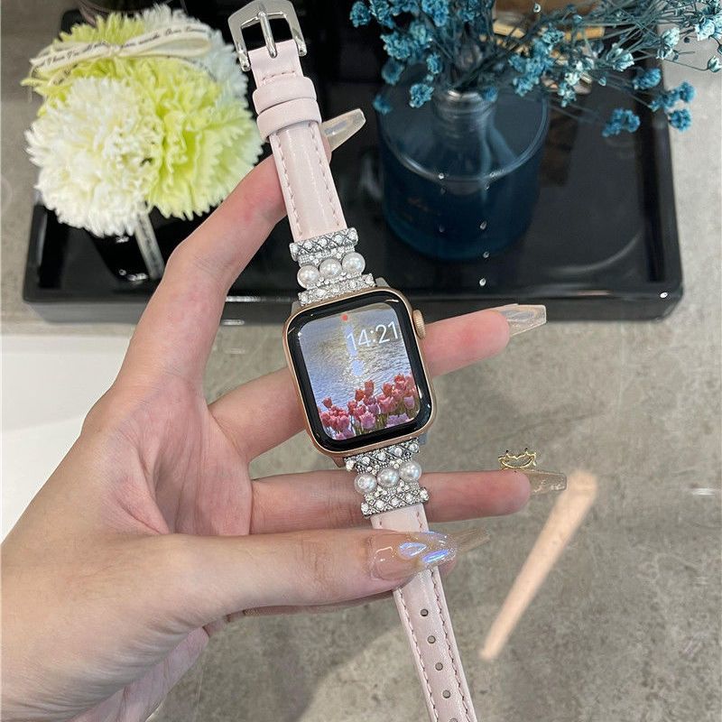 Apple watch band light luxury Pearl leather strap